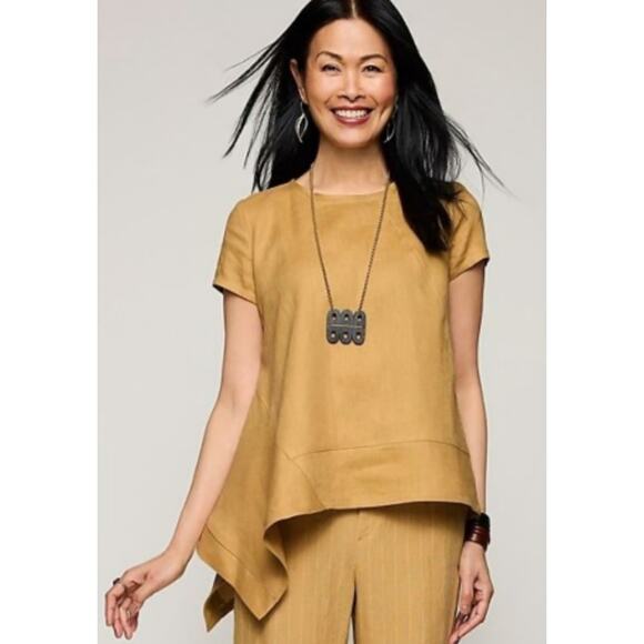 Lisa Bayne SZ L 100% Linen Cleo Mustard Yellow Asymmetrical Top Lagenlook - Picture 1 of 5